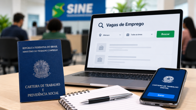 Como se cadastrar no Sine Manaus e Sine Amazonas e consultar vagas Imagem ilustrativa de carteira de trabalho, notebook com busca de vagas de emprego em Manaus e celular com Carteira de Trabalho Digital.