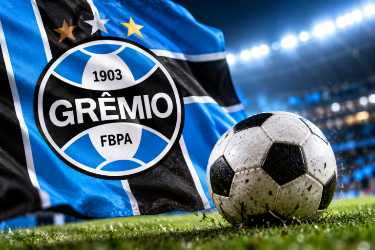 Escudo e bandeira do Grêmio ao lado de uma bola de futebol em um estádio iluminado.