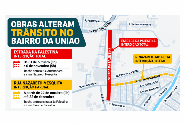 Mapa ilustrativo das interdições na estrada da Palestina e na rua Nazareth Mesquita, no bairro da União, em Manaus.