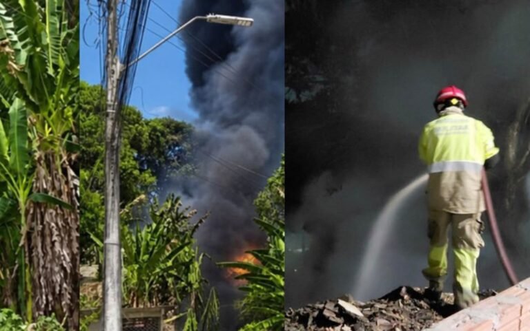 Incêndio em área de mata volta a preocupar moradores no Jorge Teixeira Corpo de bombeiros apagando incêndio.